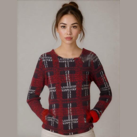 Chaps Red Blue Plaid Knit Asymmetrical Zip Moto Sweater Jacket M NWT - Picture 1 of 14
